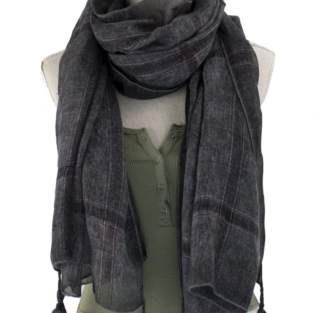 Black Garment Dye Striped Cotton Wrap Scarf with Tassels